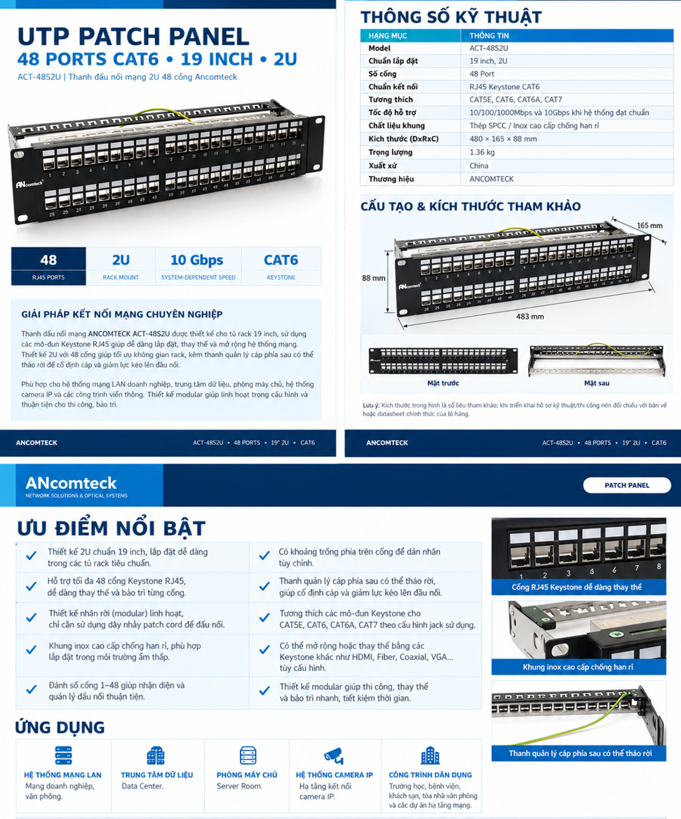 Thanh rỗng patch panel 48 cổng Ancomteck mã ACT-48S2U